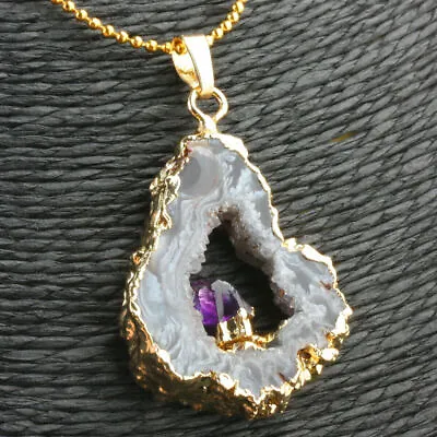 $9.55 • Buy Amethyst Stone Crystal Healing Pendant Natural Quartz Druzy Geode For Necklace