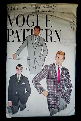 VINTAGE 1950's VOGUE SEWING PATTERN 9445 MEN'S SPORTS JACKET CHEST 38  • £8.99