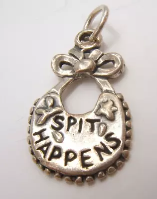 Vtg  Sterling Silver Charm Baby Bib Spit Happens • $10