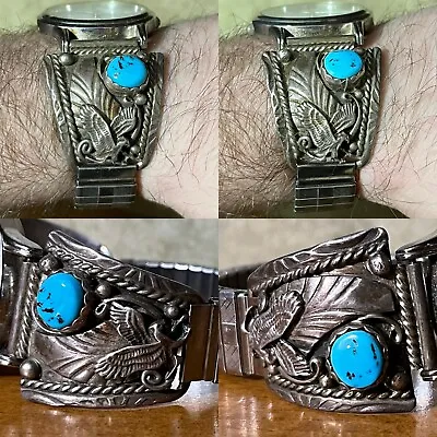 Vintage - STERLING Silver TURQUOISE - Ahasteen Watch Tips - Eagle - Stamped HT • $82.65