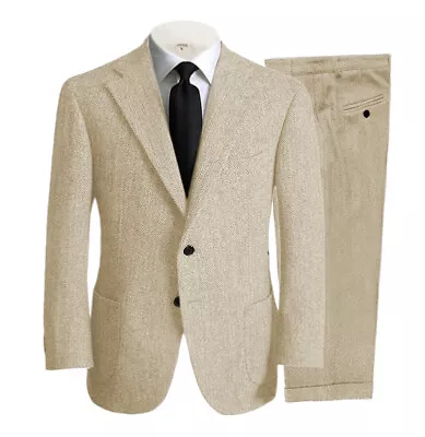 Mens 2 Piece Suit Herringbone Wedding Tuxedo Blazer+Vest+Pant 42r 44r 46r • $64.59