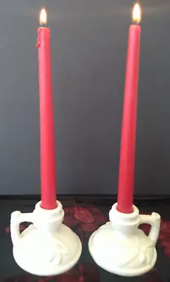 Set Of 2 White Ceramic Candle Holders Taper Candles Acorns Leaves Motif ~ JAPAN • $35.89