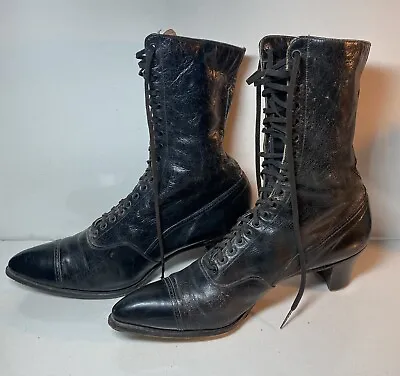 $42.95 • Buy Antique Victorian Black Leather Lace Up Women’s Boots Shoes Star 5 Star