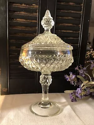 Vintage Indiana Glass Diamond Point Pedestal Candy Dish/Compote With Lid 12” • $18.99