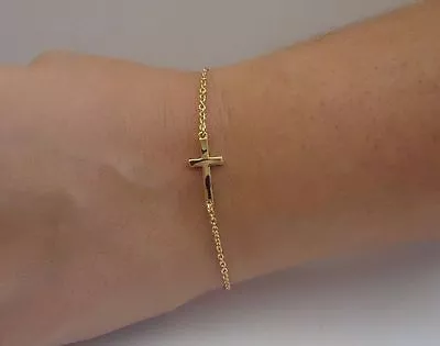 14k Yellow Gold Over 925 Sterling Silver Sideways Cross Bracelet / 8'' Total • $34.19