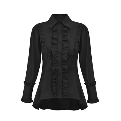 Women Ruffle Shirt Blouse Slim Long Sleeve Top Punk Gothic Medieval Retro Black • $36.09