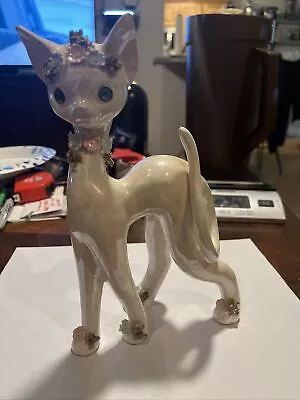 Vintage Lefton Cat Figurine Iridescent Ceramic Rhinestone Eyes YU590 • $10