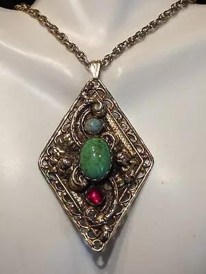 Vintage LARGE Gold Tone Red Green Blue Cabochon Diamond Shaped Pendant Necklace • $14.99