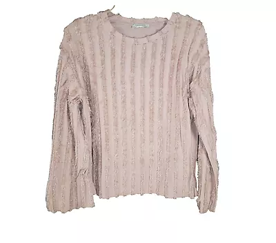 Zara M Women's Pink Fringe Textured Fuzzy Bell Sleeve Knit Top Blouse • $19.39