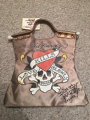 Don Ed Hardy~LOVE KILLS SLOWLY~LKS Metallic Bronze~Golden Brown X-Large Tote Bag • $14.99