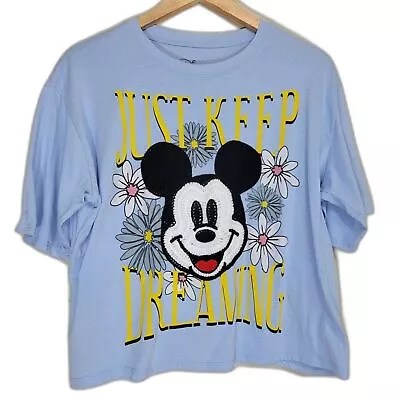 Disney Mickey Mouse Just Keep Dreaming Embroidered Blue Crop Top - XL • $27