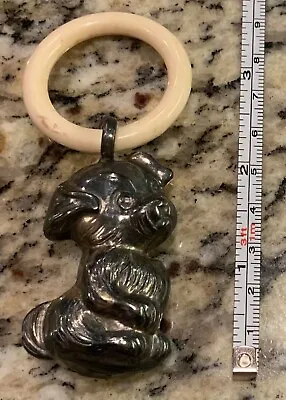 Antique Silver Puppy Baby Rattle Teething Ring 3 1/2” Metal  Vintage Infant Toy • $49.95