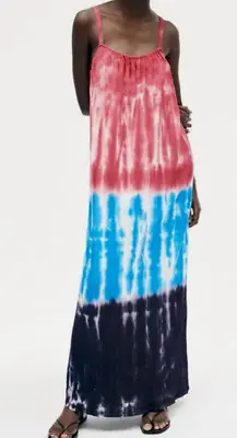 Women ZARA TIE DYE BLOGGERS FAV MAXI Slip DRESS Small Red Blue Beach • $38