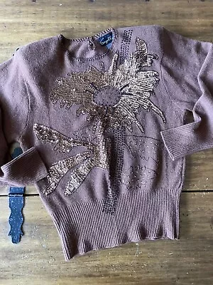 Vintage 70s 80s Suzelle Brown Beaded Embellished Sweater Sz Medium M Puff Sleeve • $35