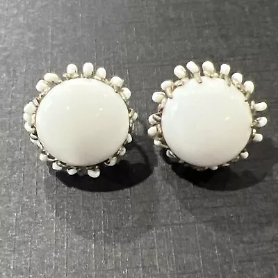 Miriam Haskell Screwback Earrings White Glass Signed  • $24.95