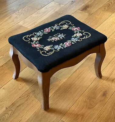 Vintage Foot Stool Needlepoint Wooden French Provincial Black Floral • $49.95
