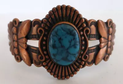 Signed Solid Copper Bell Trading CUFF BRACELET W/ Faux Turquoise Vintage 40s 50s • $32
