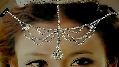 Hair Jewelry Headpiece Rhinestone Headband Tikka Chain Bridal Wedding Silver • £14.22