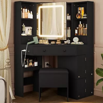 Makeup Vanity With Mirror & Light Corner Vanity Desk With Rotating Shelves Black • $249.89