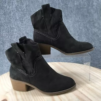 Merona Boots Womens 7 Heels Ankle Booties Black Faux Sued Pull On Casual Comfort • $26.99