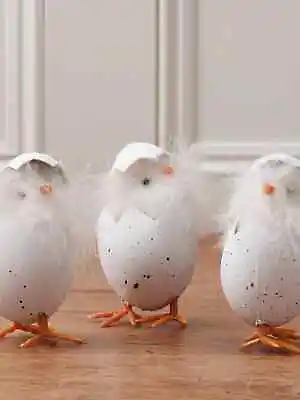 Set Of 3 Standing White Easter Chicks W/ Shells Realistic Decorations Decor 10cm • £7.19