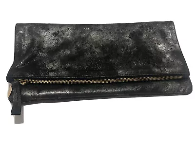 Clare V Vivier Leather Handbag Foldover Clutch Pouch Black Silver Purse Bag Zip • $149.99