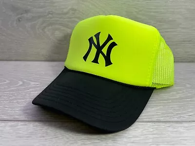 New York Yankees Neon Yellow Black Hat 5 Panel High Crown Trucker Snapback • $19.95