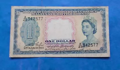 Malaya And British Borneo Elizabeth Ii 1953 1 Dollar Banknote. • £35