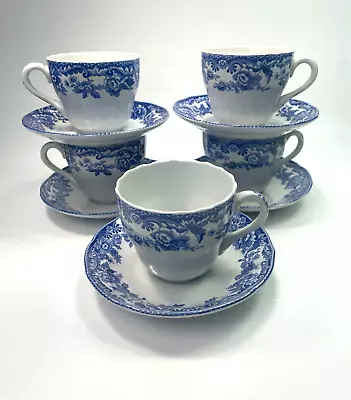 Spode Design Delamere Blue Floral Transferware Tea Cups Saucers 6oz S/5 Vtg B13 • $115.99