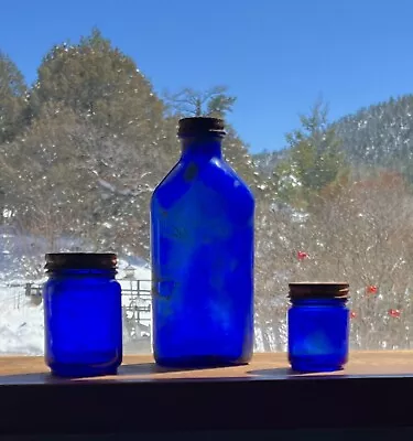 3 Vintage Cobalt Blue Medicine Glass Bottles Genuine Phillips USA &Vicks VapoRub • $15