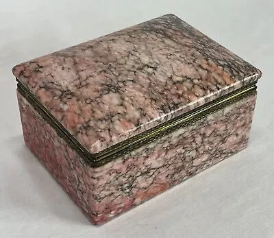 Vintage Italian Pink Alabaster Or Marble Jewelry Trinket Brass Hinged Lid Box • $85