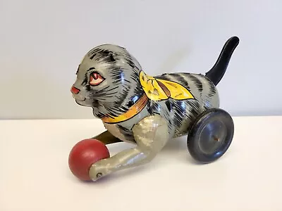 MARX Antique Vtg 1920's Tin Litho Pull Down Tail Windup Cat With Ball Toy WORKS! • $45