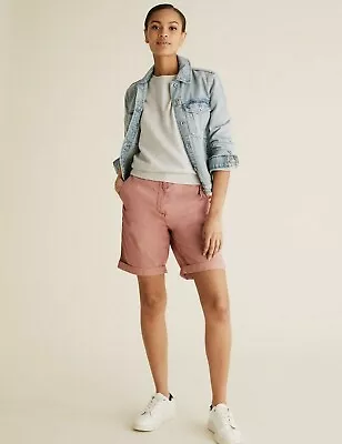   BNWT M&S High Waisted Pure Cotton Chino Shorts Sunset Pink UK 12        (ST20) • £12.99