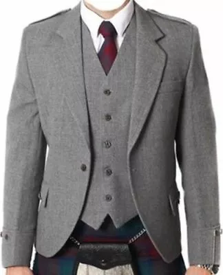 £52.99 • Buy 100% WOOL Argyle Kilt Jacket & Waistcoat/Vest, Scottish Argyle Jacket Dark Grey