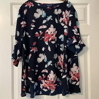 Top Blouse Cover Navy Blue Floral Design Optional Sleeve Length Saloos Size 20 • £4