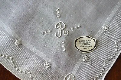 VINTAGE HANKY 1950s NEW W/TAGS MONOGRAM INITIAL R MADEIRA MADE WHITE ON WHITE • $19.99