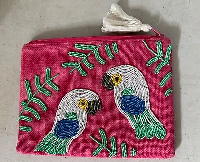 Cute Mudpie Parrots Beaded Jute Zip Clutch Pink Bag Beaded Travel Pouch-EUC • $18.50