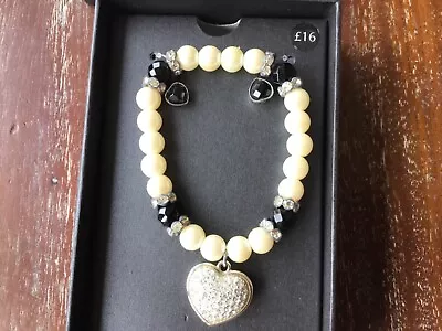 MARKS & SPENCER Brand New In Box Bracelet & Earrings Set Pearls & Diamanté Heart • £4