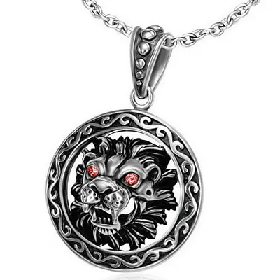 Stainless Steel Black Silver Tone Lion Face Circle Of Life Pendant Red Crystals • $22.99