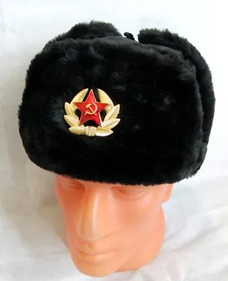 £21 • Buy Russian Ushanka Faux Fur Cossack Trapper Hat & USSR Soviet Army Badge - Black