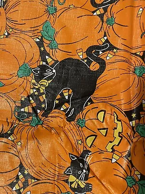 Vintage Halloween Vinyl Tablecloth Cat Pumpkin Rectangle 88” X 51” • $18