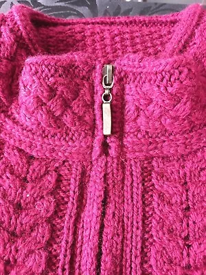 Inis Crafts Ireland Raspberry 100% Merino Wool Cable Knit Sweater Cardigan • £45