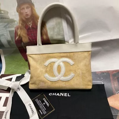 CHANEL Big COCO MARK Logo Mini Tote Hand Bag Women Canvas Leather White Genuine • $892.19