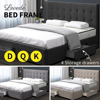 $379.99 • Buy Levede Fabric Bed Frame Double Queen King Mattress Base 4 Storage Drawers Wooden