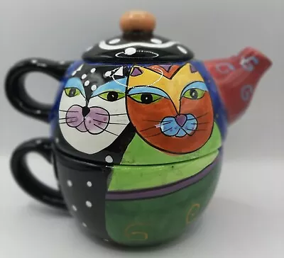 Milson & Louis Stacking Teapot & Mug Handpainted Colorful Whimsical Cats 3 Pcs • $14.99