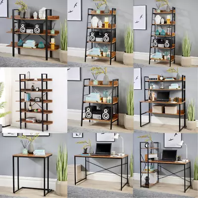 Bookcase Desk Shelving Storage Unit Rustic Furniture Black Metal Frame Table • £79.99