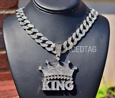 Men Hip Hop Iced Lab Diamon. Gold Pt Large Crowned King Pendant Cuban Necklace • $16.13