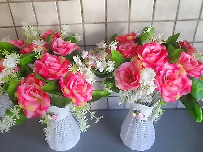 Pair Of Artificial Rainbow Pink Roses & Gypsophila Flower & Vases Decorations • £9.59