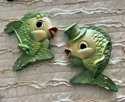 2 Vintage Miller Studio Chalkware Fish Anthropomorphic Wall Plaques Green READ • $45