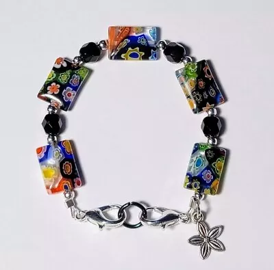 Millefiori Black & Colorful Rectangle Bead Medical Alert ID Replacement Bracelet • $8.50